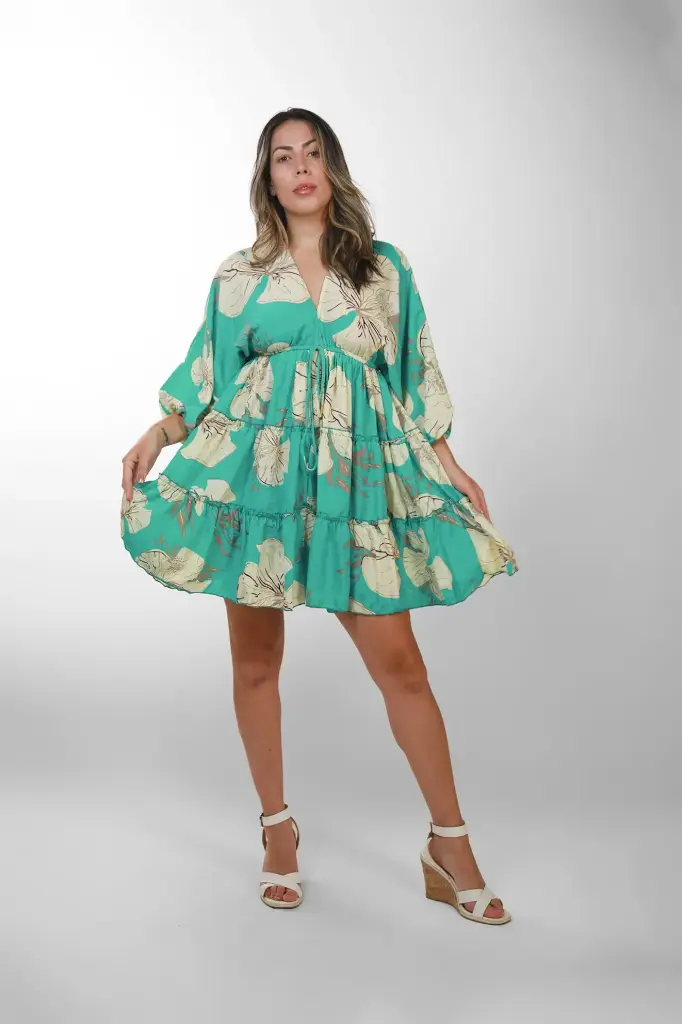 Vestido Corto Seda Floral Turquesa