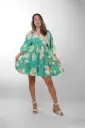 Vestido Corto Seda Floral Turquesa