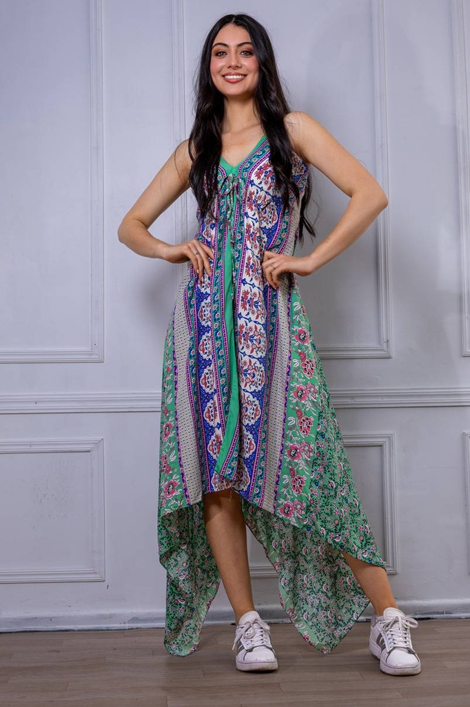 [TA01-19] Vestido de Tiritas Hindú Asimétrico – Estilo Boho Chic Floral