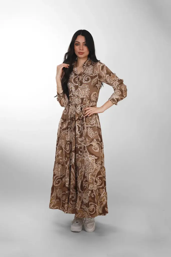 [LD4203-1] Vestido Largo de Seda Marrón con Estampado Floral