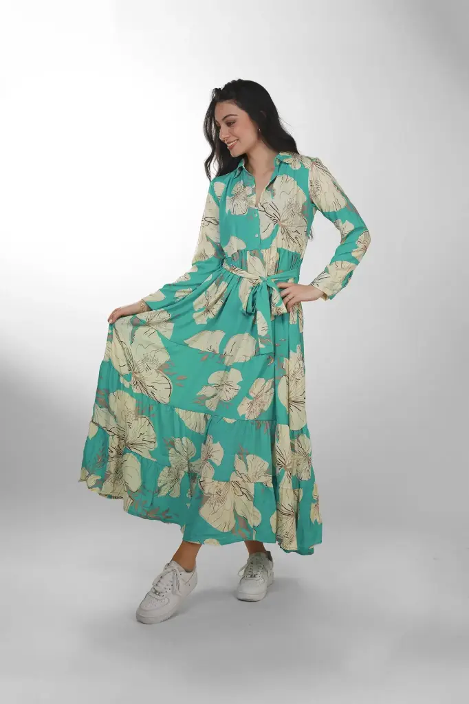 [LD4203-3] Vestido de Seda Turquesa Bohemio