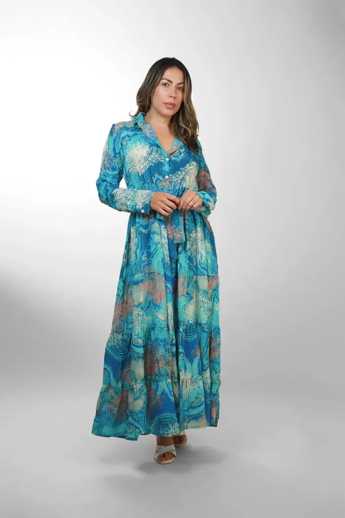 [LD4203-4] Vestido de Seda Azul Bohemio