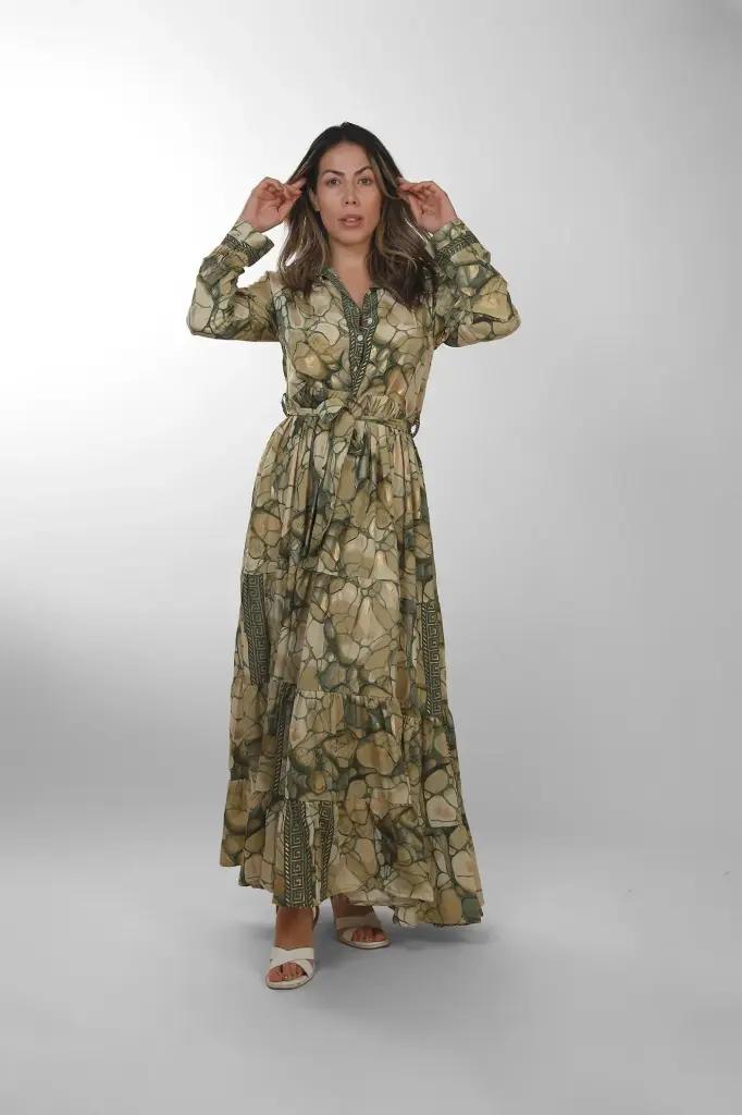 [LD4203-6] Vestido Largo de Seda Verde Bohemio