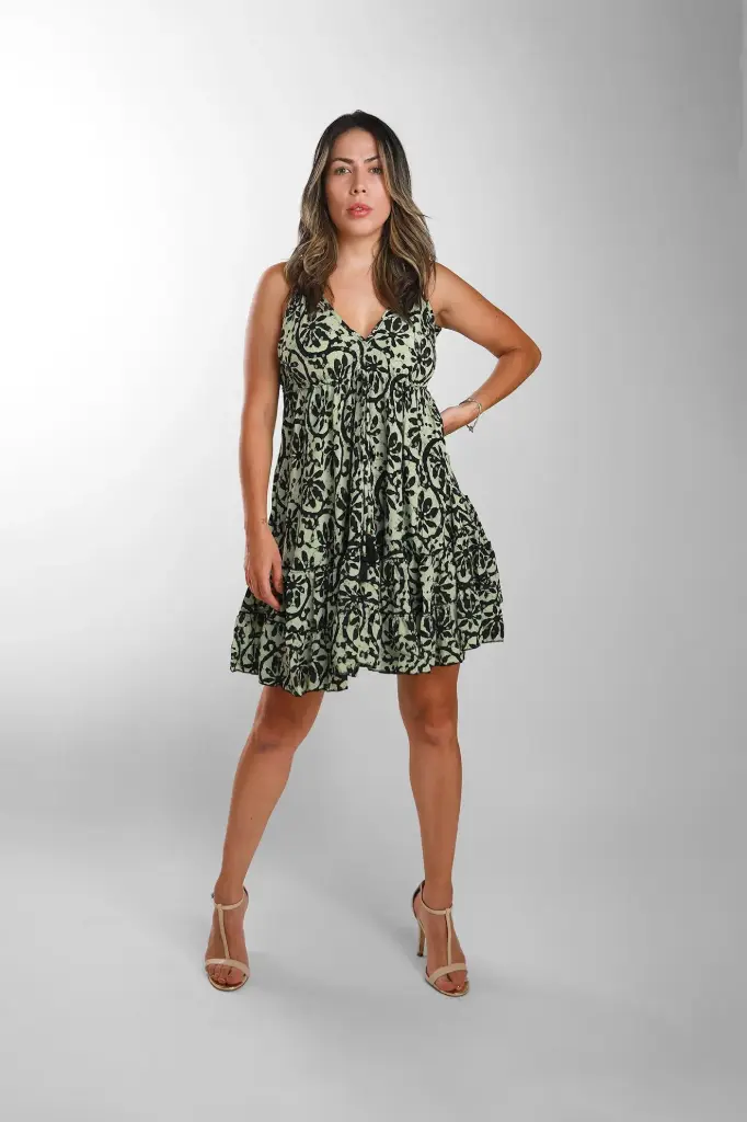 [MD1594-7] Vestido Corto Seda Boho Negro y Verde