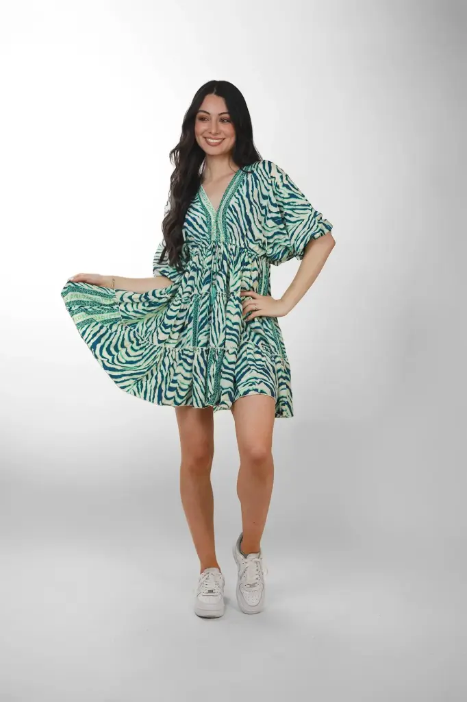 Vestido Corto Seda Cebra Azul