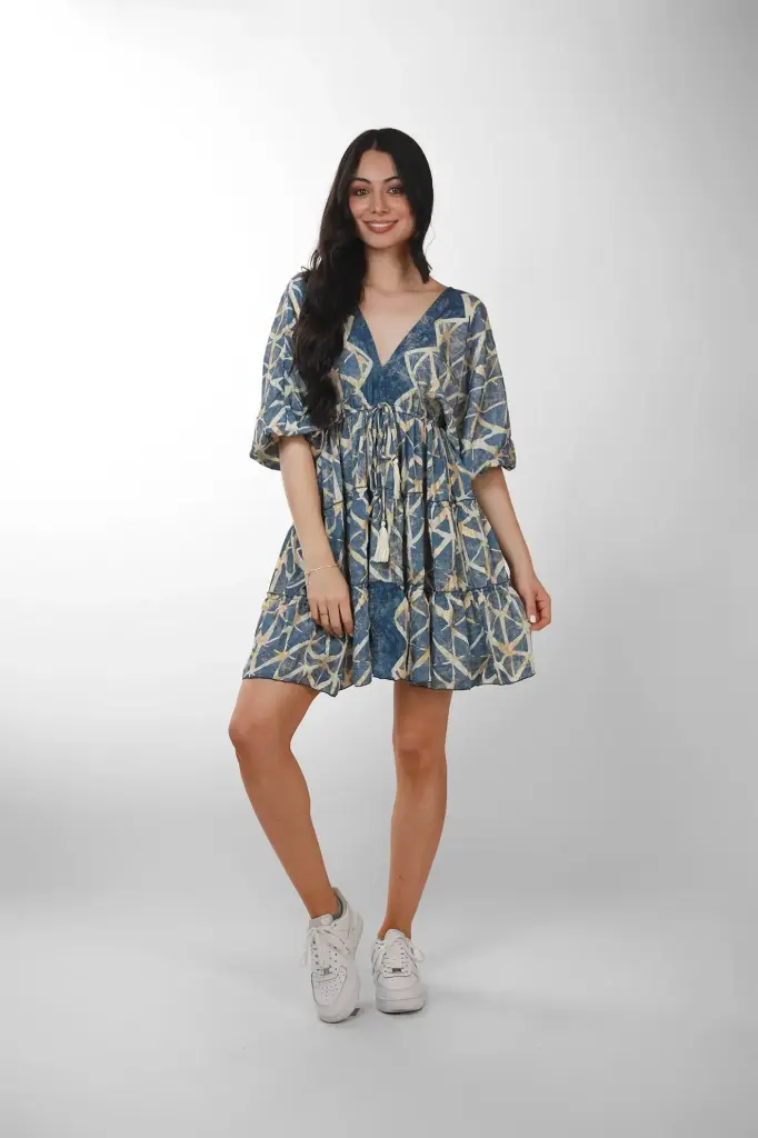 Vestido Corto Seda Geométrico Turquesa