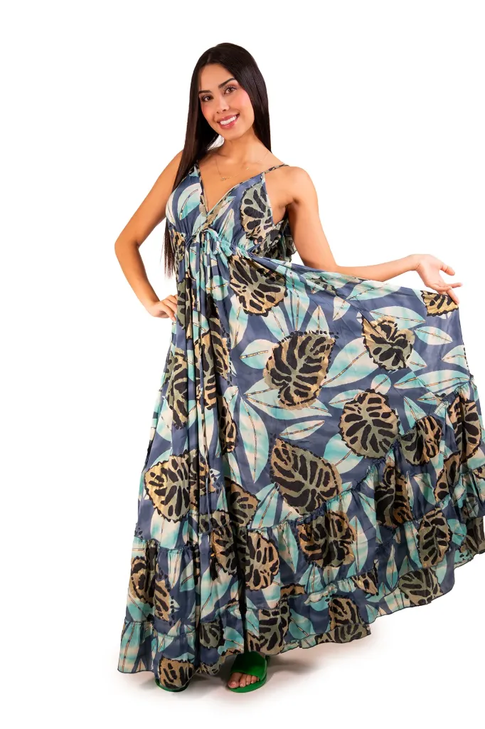 [LD1443-11] Vestido Silvestre de Seda (Azul Turquesa)