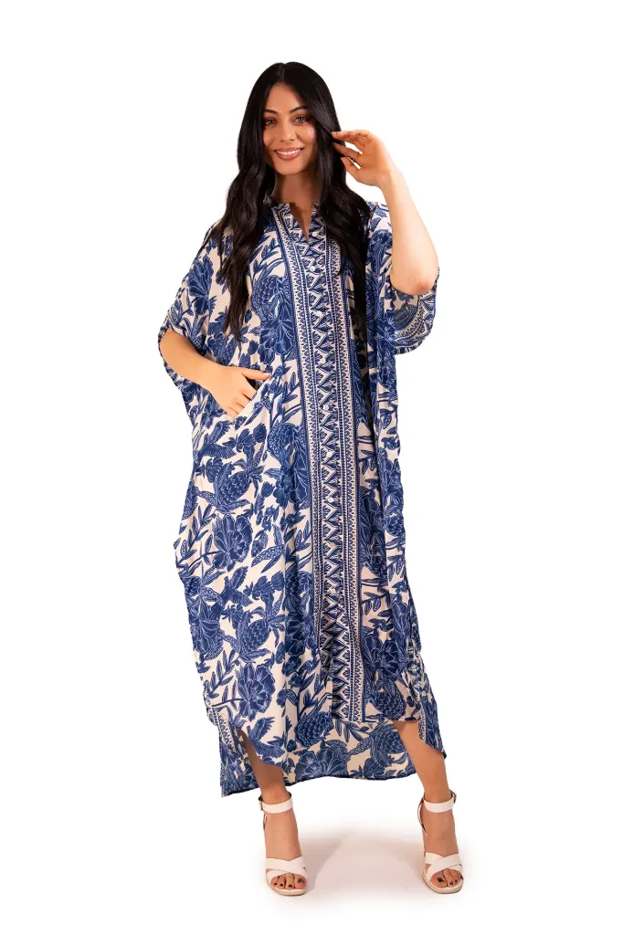 [CHACHI23-15] Vestido Caftán de Seda (Azul Blanco)