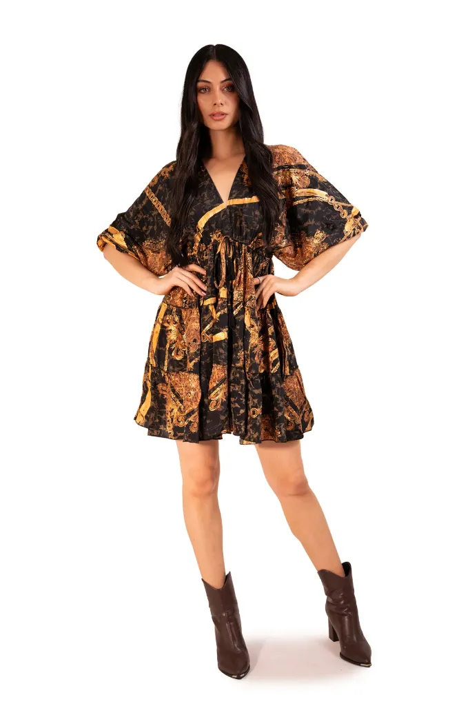 [SD2291-6] Vestido Corto Nomad de Seda (Dorado Negro)