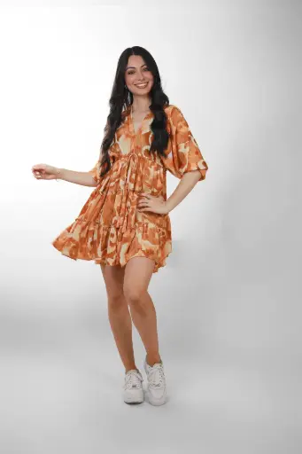 [SD2291-1] Vestido Corto Seda Abstracto Terracota