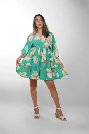 [SD2291-2] Vestido Corto Seda Floral Turquesa