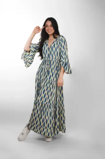 [LD925-6] Vestido de Seda Azul y Mostaza