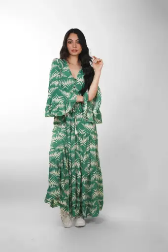 [LD925-7] Vestido Seda Tropical con Estampado de Hojas