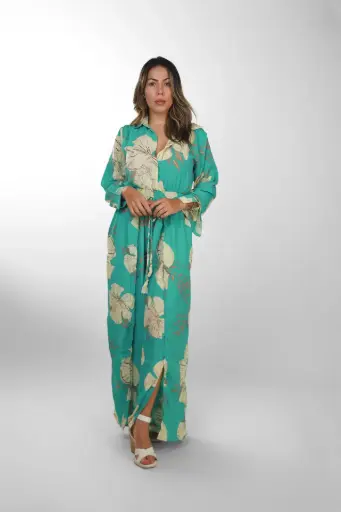 [LJ524-4] Enterizo Seda Floral Turquesa