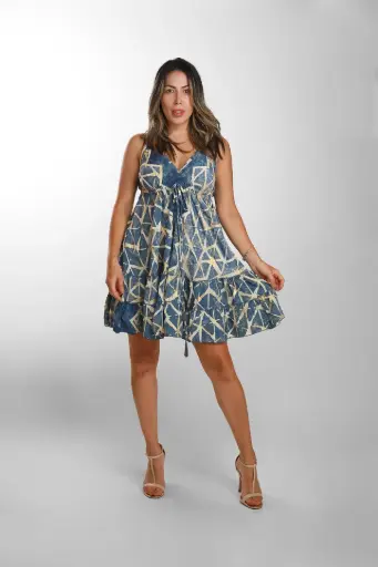 [MD1594-5] Vestido Corto Seda Geométrico Azul