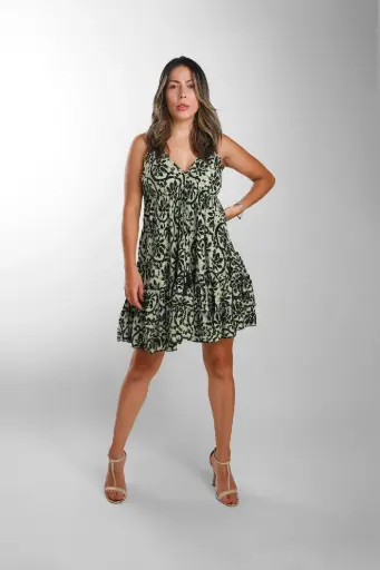 [MD1594-7] Vestido Corto Seda Boho Negro y Verde