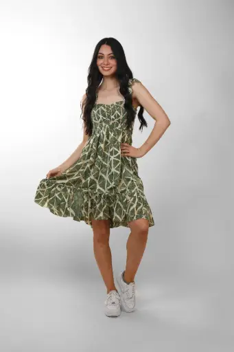 [MD0129-5] Vestido Corto Seda Geométrico Verde Olivo